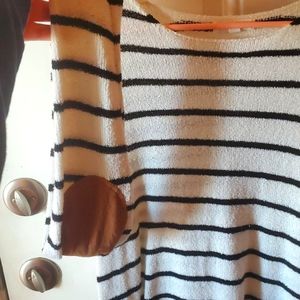 Striped Sweater with Elbow Faux Leather Details.